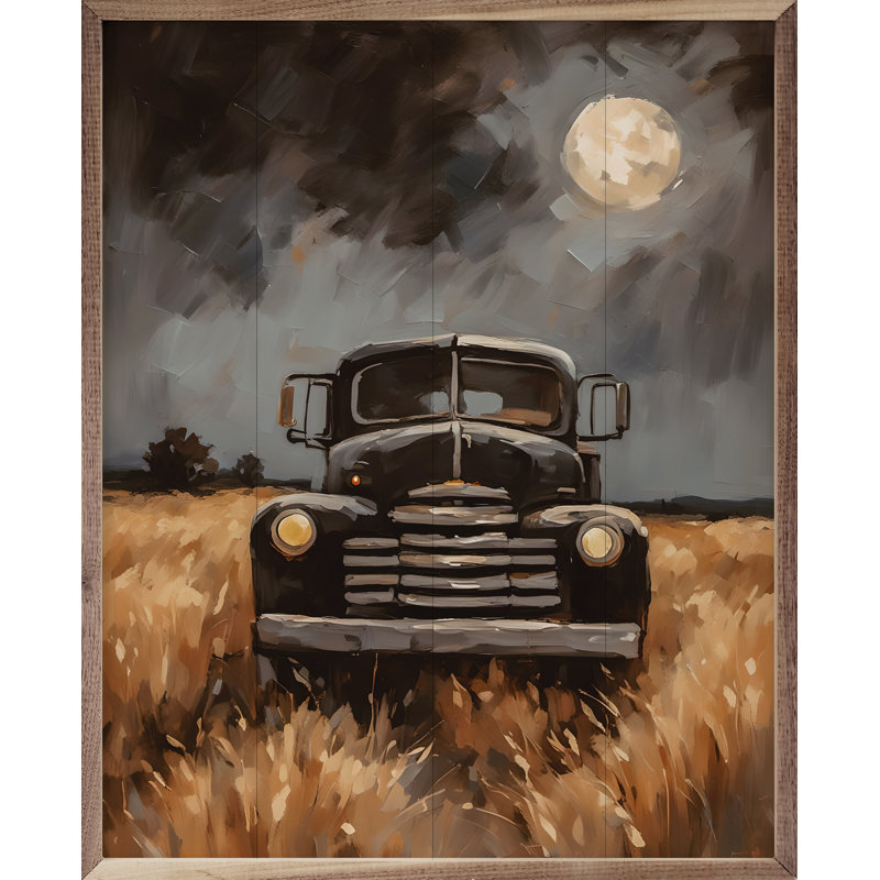 «Camion noir au clair de lune» sur bois, H 20 po x l 16 po