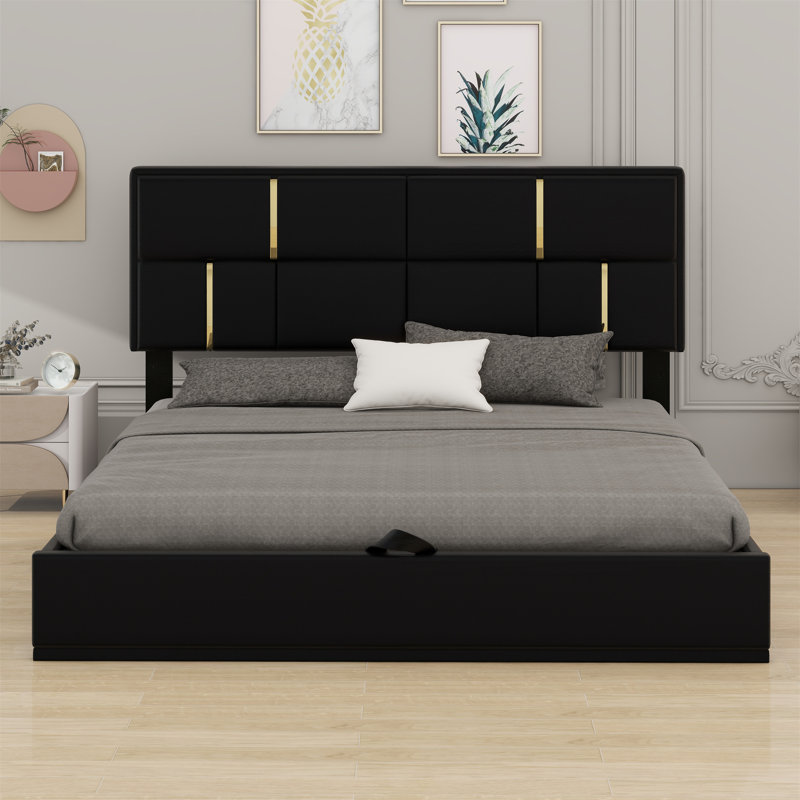 Upholstered Platform Bed With Hydraulic Storage System, Black