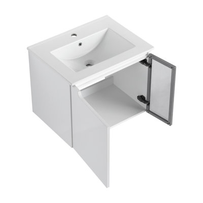 Meuble-lavabo mural peu encombrant avec lavabo en céramique, design moderne blanc brillant et verre gris