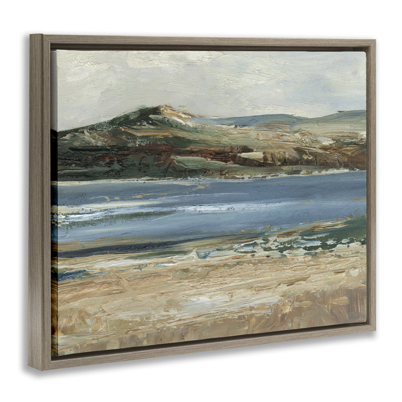 «Calm Riverbank Landscape», art mural encadré par Floater, H 17 po x l 21 po, Cadre flottant orme Montalcino