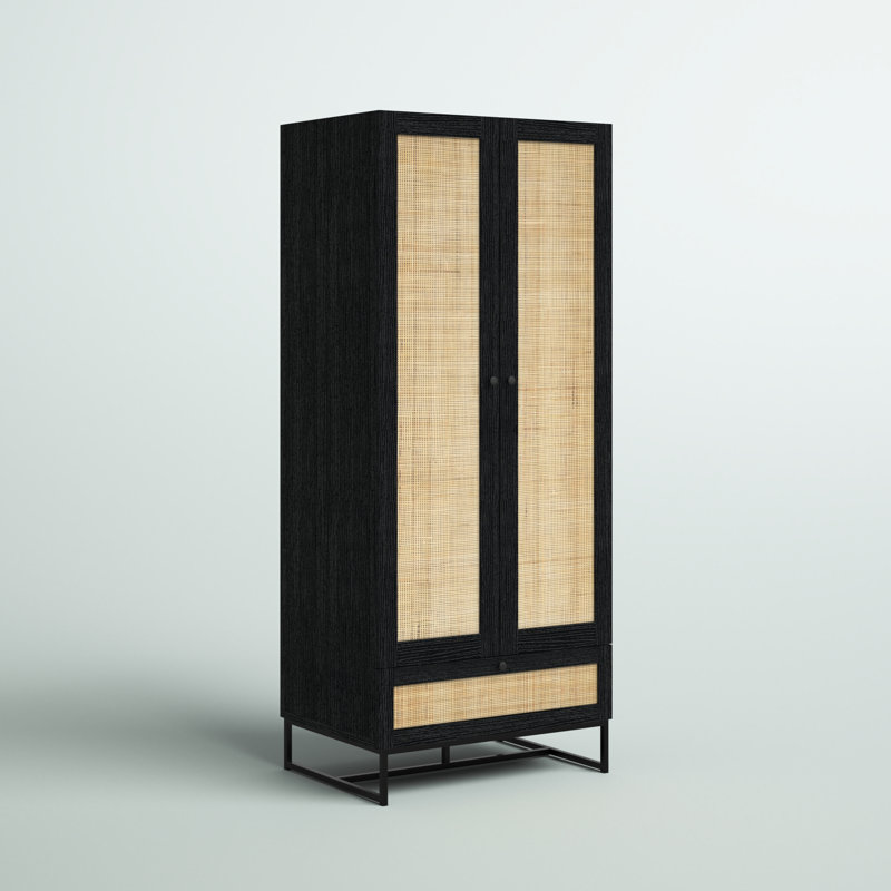Reese 2 Door 1 Drawer Wardrobe, Black/Rattan