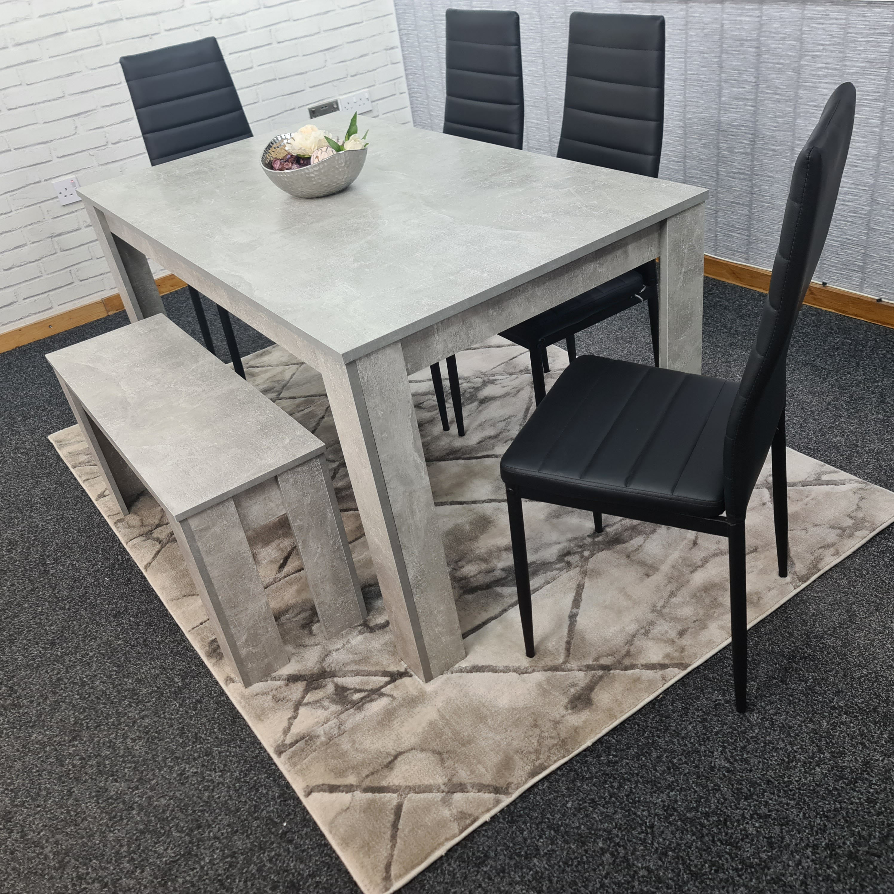 Stone Grey Effect 140Cm Wood Dining Table With 4 Black Faux Leather Metal  Chairs And 1 Bench