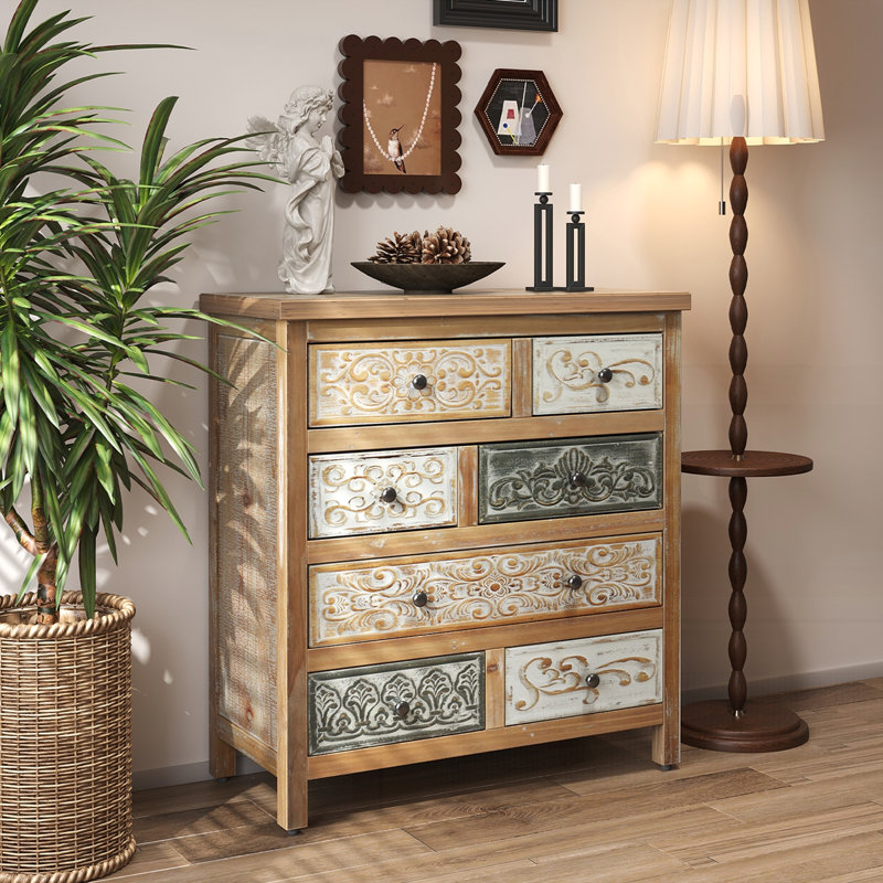 Vintage Wooden Accent Chest with 6 Drawers
