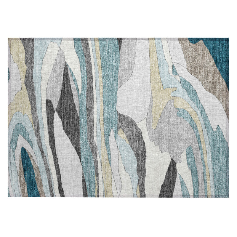 Tapis abstrait lavable à la machine intérieur / extérieur ACN2777, Bleu sarcelle, 1 pi 8 po x 2 pi 6 po