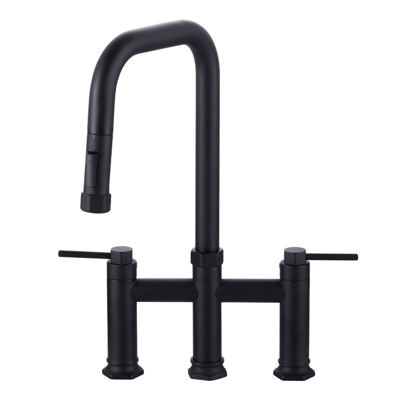 3 Holes Brass Double Handle Bridge Kitchen Faucet With 2-Mode Pull Down Sprayer And Supply Lines, Matte Black