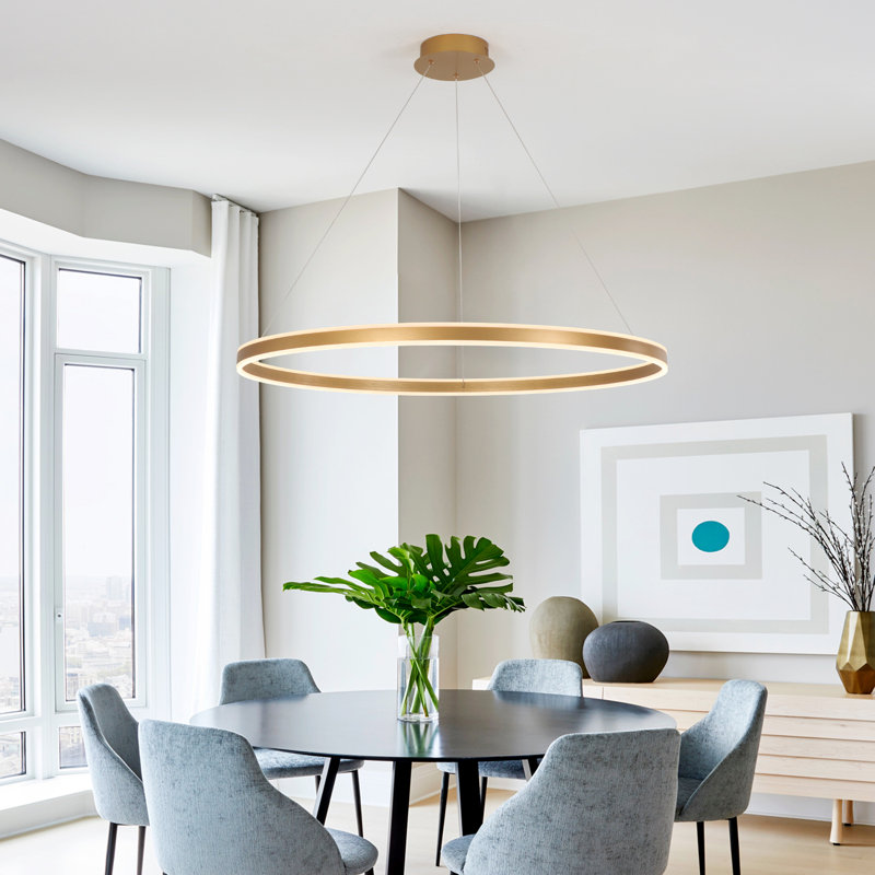 Dilnoza Ring Unique Wagon Wheel LED Pendant Modern Farmhouse Remote Dimming, Gold, 59" H x 39.4" W x 39.4" D