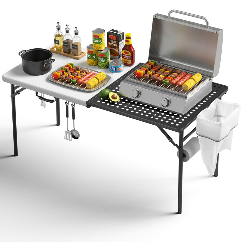 Table de cuisson pliante robuste de 155 cm (61 po), capacité de 181 kg (400 lb), poste de travail extérieur à double usage avec crochets, porte-rouleau d'essuie-tout et rangement pour barbecue, camping et pique-nique.
