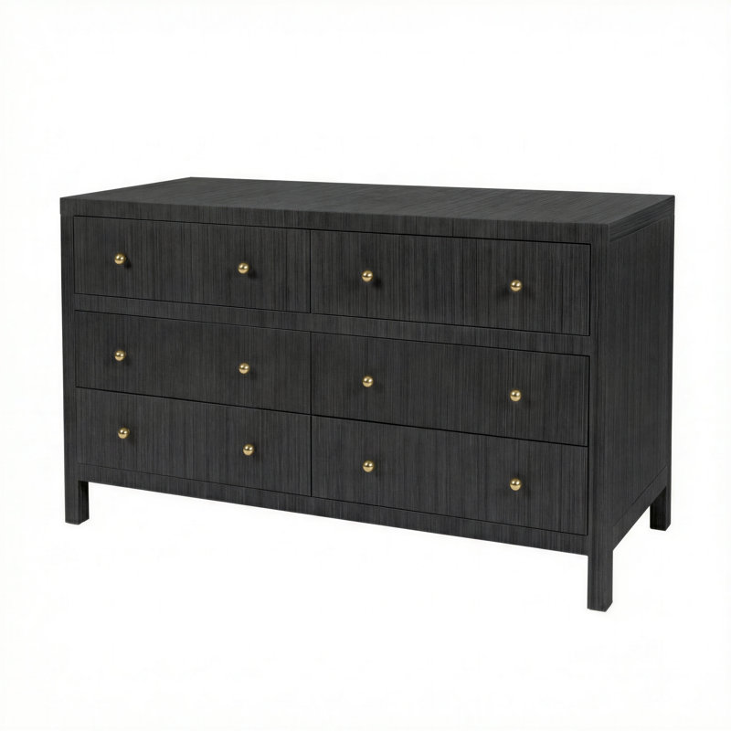 Celine Commode 6 tiroirs W Raffia, Gris anthracite