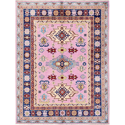 Tapis de style oriental pur 5 pi x 6 pi 7 po Kazak avec médaillons géométriques, noué à la main, colorants végétaux, tissage dense, laine pure, tapis oriental