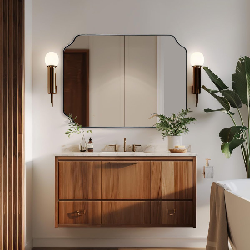 Modern Scalloped Corner Rectangle Bathroom Vanity Mirror | Stainless Steel Frame, 40" x 30", Brushed Bronze