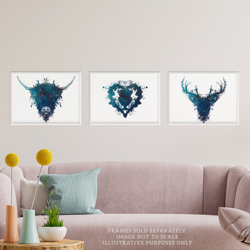 Ink Splat Thistle Heart Hairy Coo Cow Stag Celestial Space Scottish - 3 Piece No Frame Print Set, 29.7cm H x 21cm W x 0.4cm D