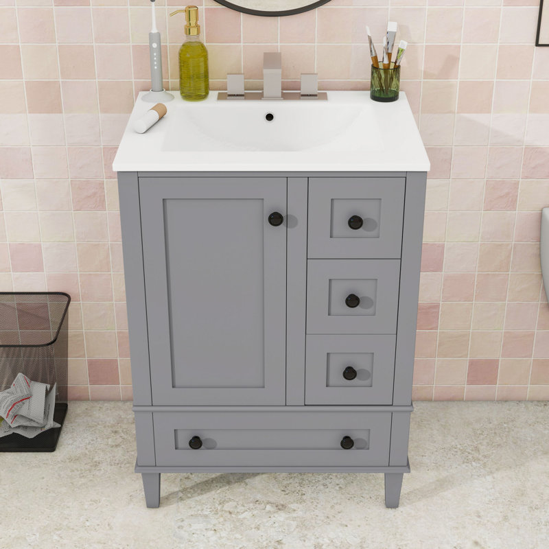 Meuble-lavabo contemporain avec lavabo en céramique, support de porte double couche et charnières à fermeture en douceur
