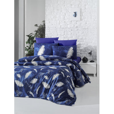 Ensemble de housse de courtepointe luxueuse 100% coton Ranforce Super King, 102,4 x 86,6 po | Comprend 2 taies d'oreiller de 19,7 po x 31,5 po | Lavable à la machine à 104 ° F, 145 fils | Élégant design bleu foncé et blanc, fermeture à boutons