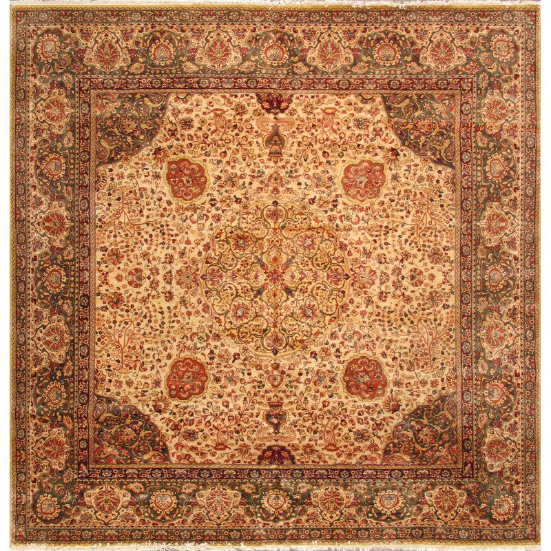 Handmade Beige Floral Wool Square Rug 10' x 10'4"