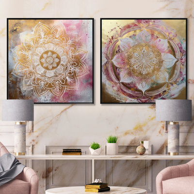 Mandala rose doré - ensemble de 2 collages carrés bohème