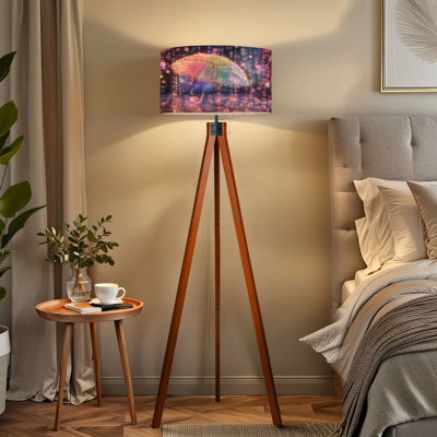  Lampe trépied trépied coloré à motif de fleurs de cerisier scintillantes Guirlande lumineuse à DEL à intensité variable avec pieds en bois de hêtre et abat-jour en lin amovible pour salon et chambre à coucher