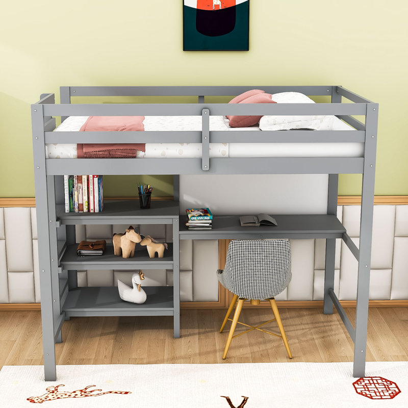 Lit mezzanine simple en bois compact avec bureau, tablettes, tableau d'écriture et échelle, Gris