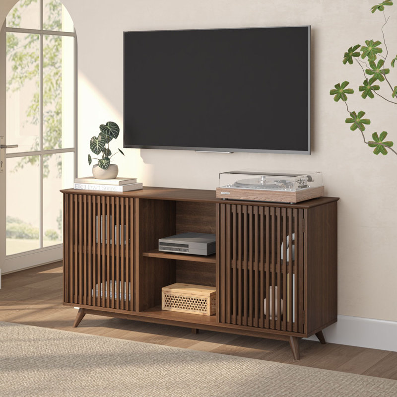 Mid-Century Modern 59" Solid Wood Sideboard/TV Stand with Slat Doors, Walnut