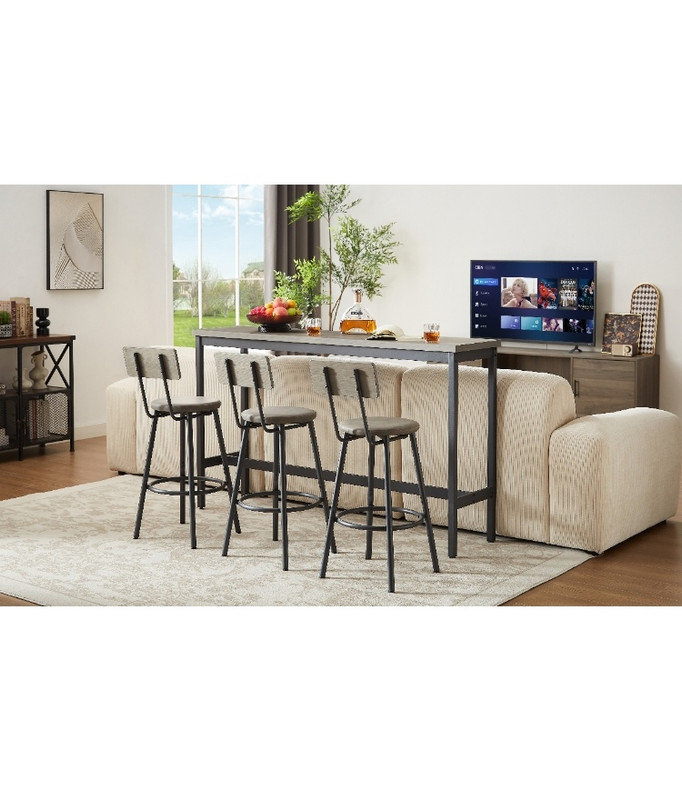 Long Bar Table Set with 3 PU Upholstered Bar Stools - Industrial Style for Kitchen & Living Room, Gray