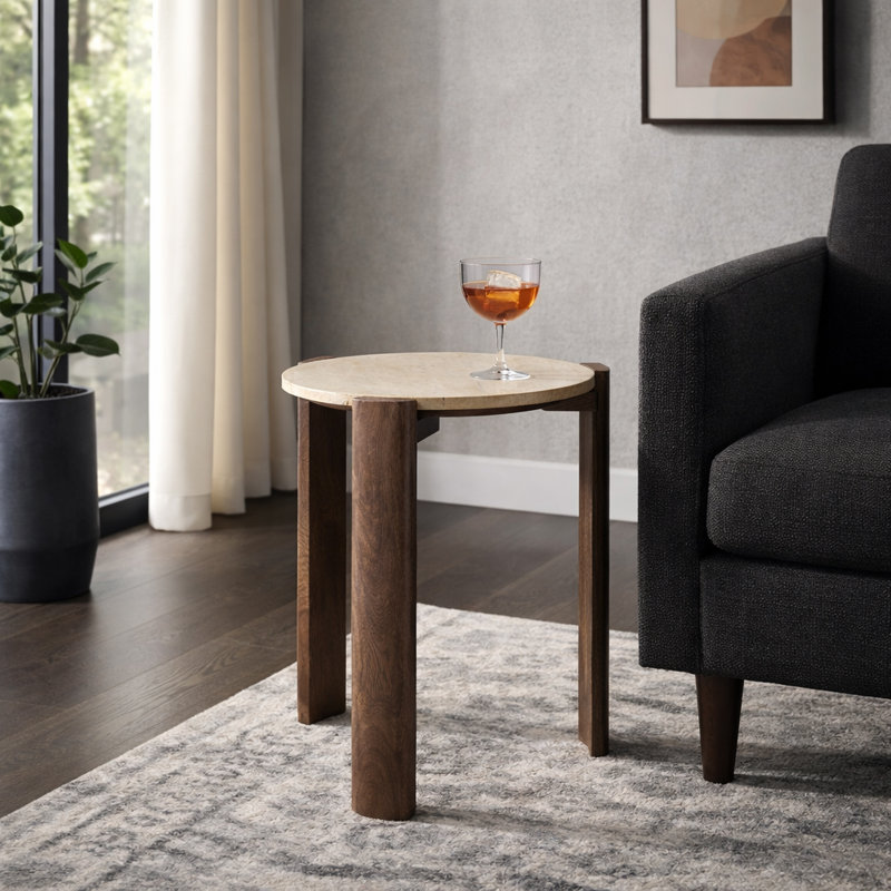 Modern Round Travertine Top Accent Side Table With Mango Wood Base For Living Room Decor - Narrow End Table For Sofa Or Bedroom - 22", Brown & Tan