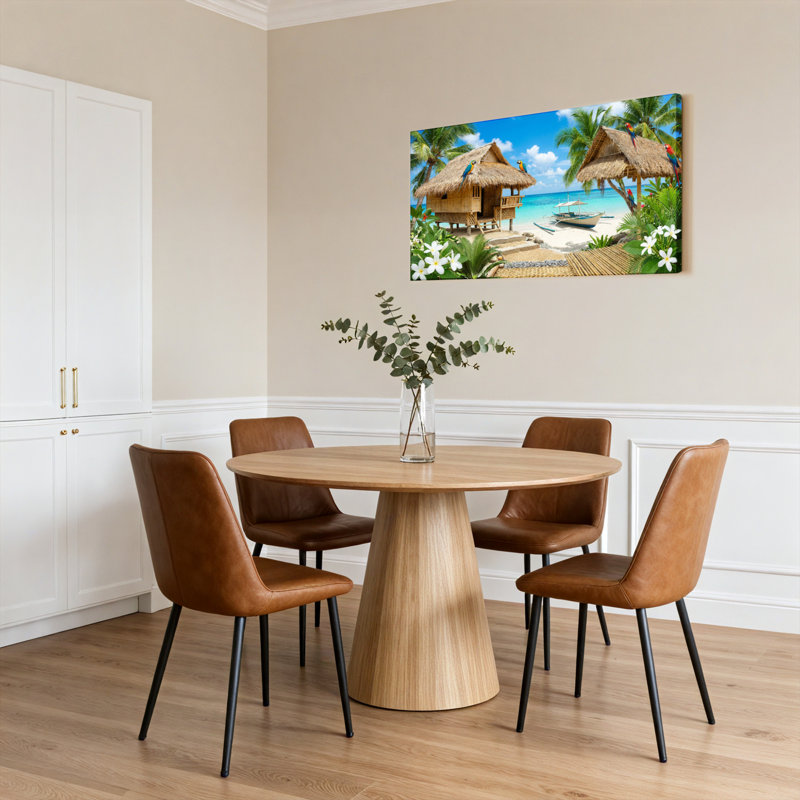 Ensemble de 1 tableau sur toile représentant une cabane de plage tropicale avec palmiers et perroquets, H 28 po x l 58 po