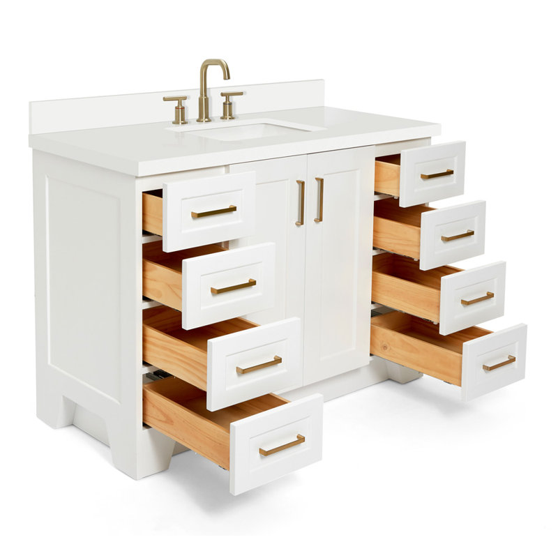 Freitas 48'' Solid Wood Single Bathroom Vanity, White, Rectangle, White Quartz
