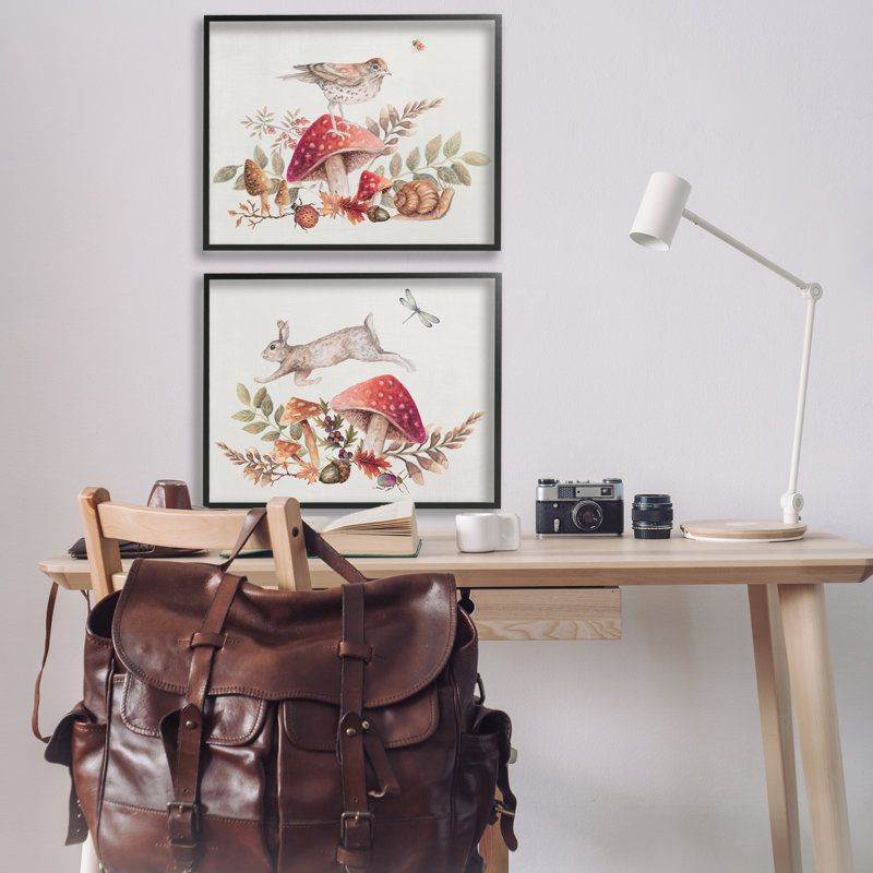 «Woodland Bird Rabbit Mushroom», ensemble de 2 giclées par Janice Gaynor, Giclée encadrée noir minuit, H 24 po x l 30 po