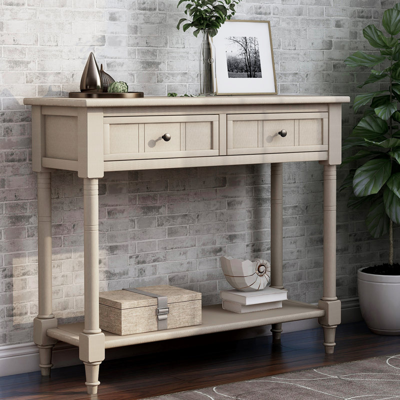 Traditional Design Console Table with Two Drawers and Bottom Shelf, Antique Gray