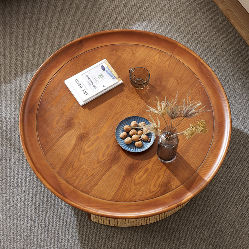 Solid wood rattan round creative tea table, 15.75" H x 39.37" L x 39.37" W, Brown