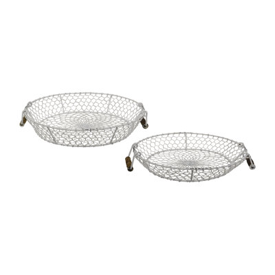 2/Set Distressed White Chicken Wire Round Trays