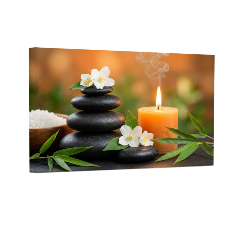 Bougie Fashion Calm Stones avec fleurs et feuilles de bambou, H 12 po x l 18 po