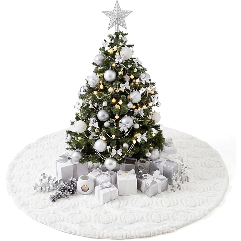 Jupe de sapin d'automne en peluche blanc crème avec citrouilles 3D – Décoration de ferme en fausse fourrure pour l'automne, l'Action de grâce et l'Halloween