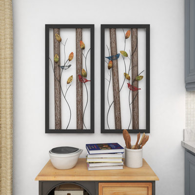 Black Metal Bird Wall Decor with Real Wood Detailing