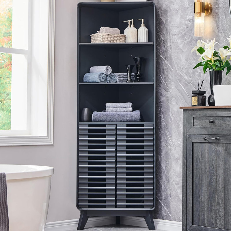 Armoire de salle de bain autoportante, armoire de rangement en coin avec casier caché en dessous, Gris foncé