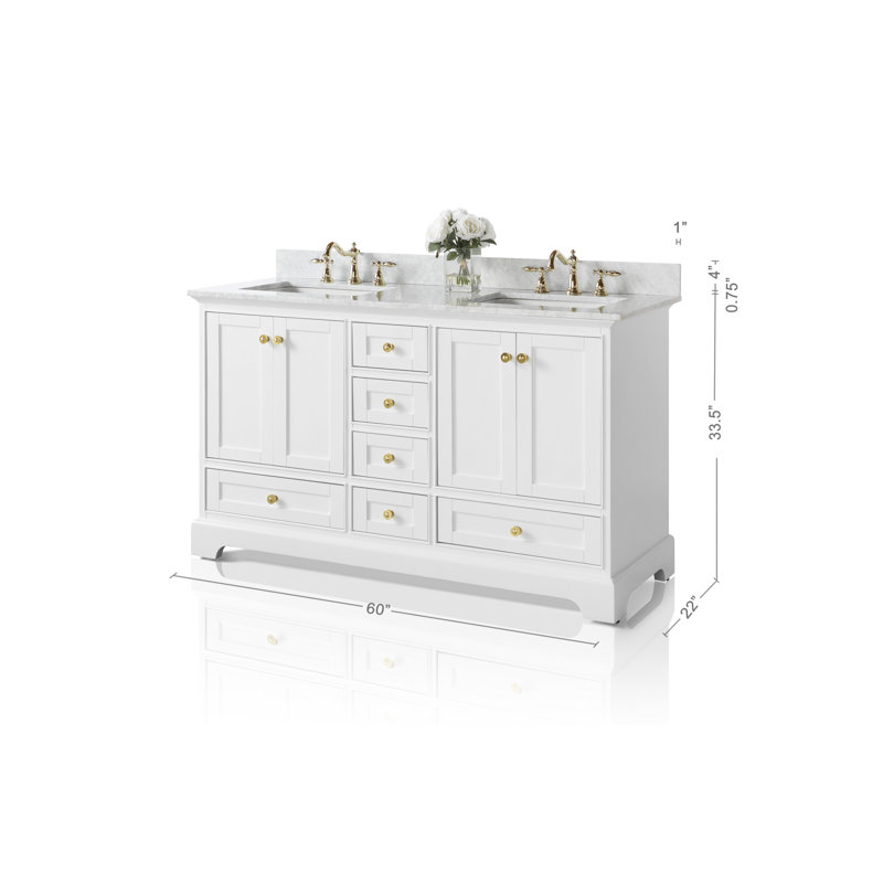 Audrey 60'' W Double Vanity, White, Carrara White, Gold