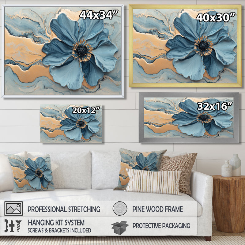 Marbre de geramium abstrait bleu Jacouri II - art mural en marbre, H 34 po x l 44 po, Impression encadrée flottante