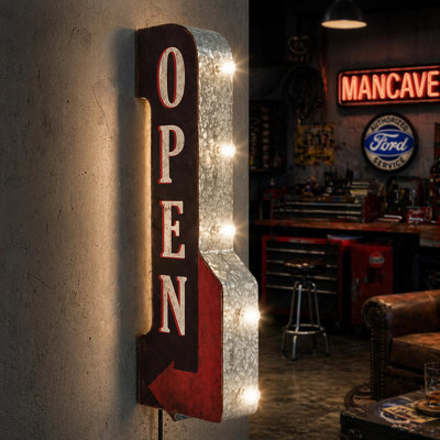 Vintage Open LED Marquee Double Sided Metal Arrow Wall Sign - Retro Art w/LED Light Bulbs - Battery Operated Wall Decor for Bar, Man Cave, Garage, Game Room 30" x 9" x 4"