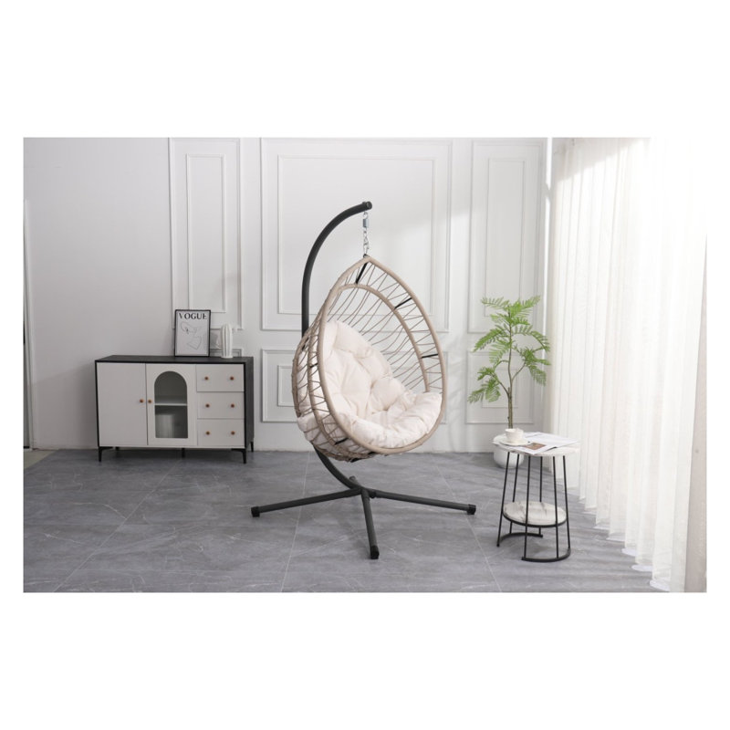 Chaise d'extérieur suspendue en forme d'œuf avec support, balançoire de patio en osier PEHD beige et blanc avec coussin