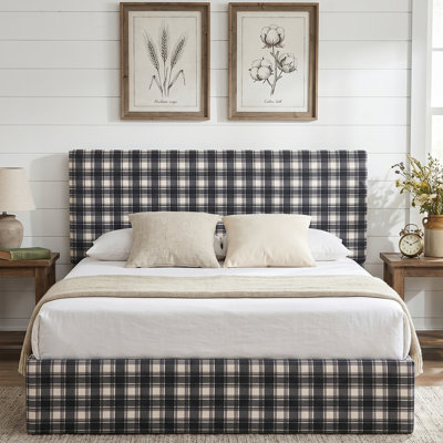 Modern Farmhouse Upholstered Platform Bed with Plaid Headboard and Lift Storage, Queen, Black And White Plaid