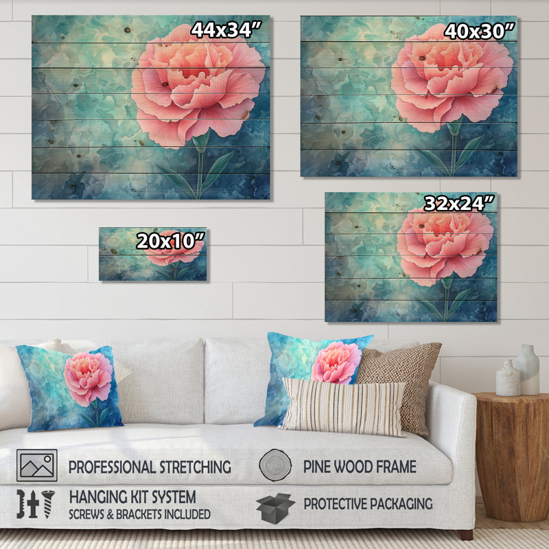 Harmony of Carnation Flower II - Art mural traditionnel sur bois de pin naturel, H 30 po x l 40 po x P 0,78 po