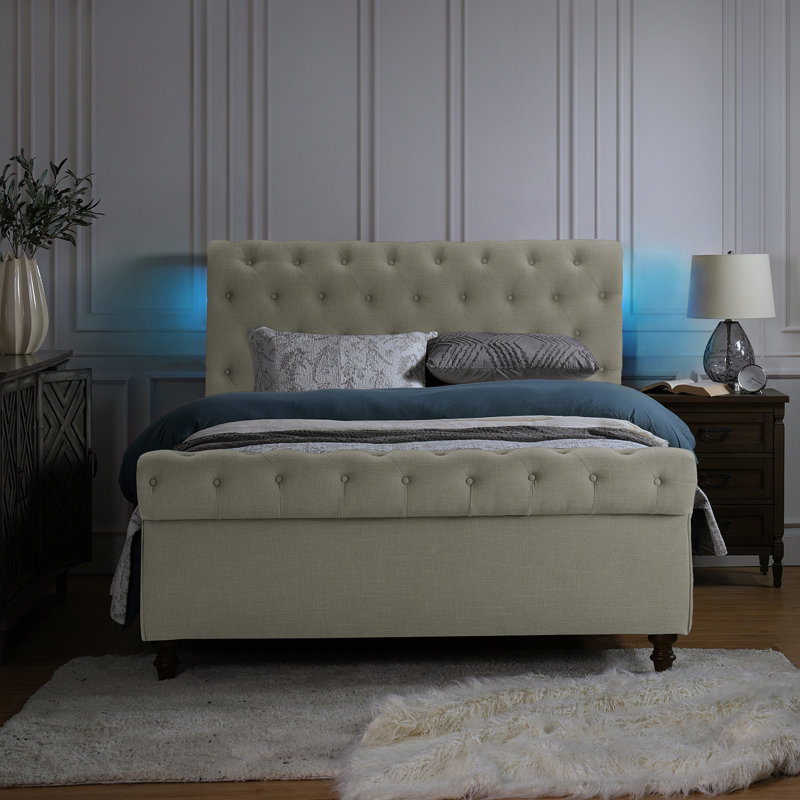 Eldredge Tufted Upholstered Platform Bed with Remote-controlled Lighted, Linen, Queen