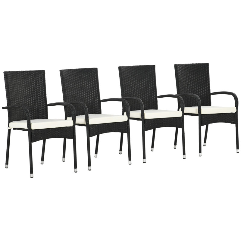 Outsunny Stackable PE Rattan Outdoor Dining Chairs With Cushions, Set Of 4 Patio Wicker Dining Chairs With Armrests And Backrest For Patio, Deck, Cream White