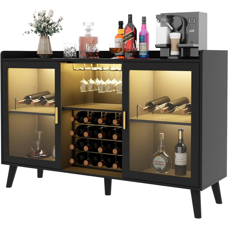 Ermo Wine Bar Cabinet with Led Light, Home Coffee Cabinet with Wine and Glass Rack