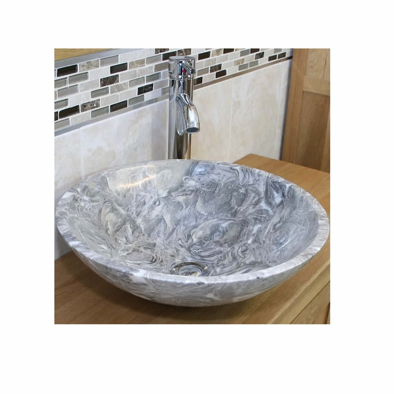 Belfry Bathroom Berrin 430mm Stone Round Countertop Basin Bathroom Sink with Faucet, Grey Marble