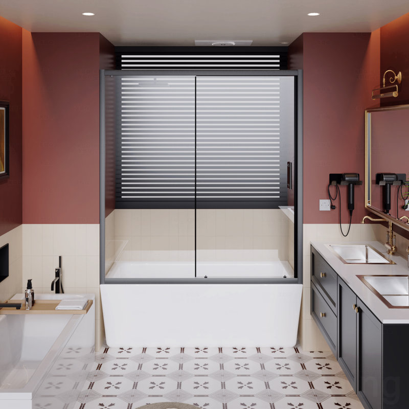 60.In W X 62.In H Single Sliding Opening Shower Door For Bathtub, 1/5 " Thick Clear Tempered Shower Door With Stainless Steel Handle