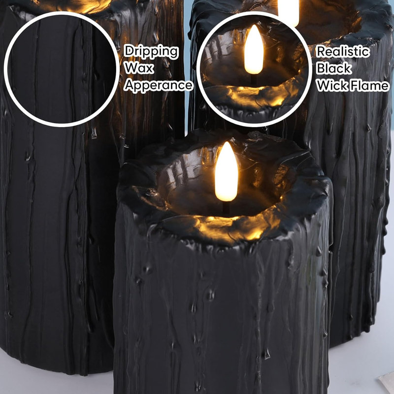 Ensemble de 3 bougies piliers sans flamme pour l'Halloween, bougies DEL noires à effet cire coulante avec télécommande, véritable cire vacillante pour la décoration de table ou d'étagère.