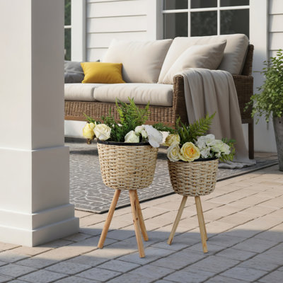 Planter Stand Set Wood Bamboo Wicker Brown 24 in Garden Home Decor Indoor Outdoor Use Set of 2