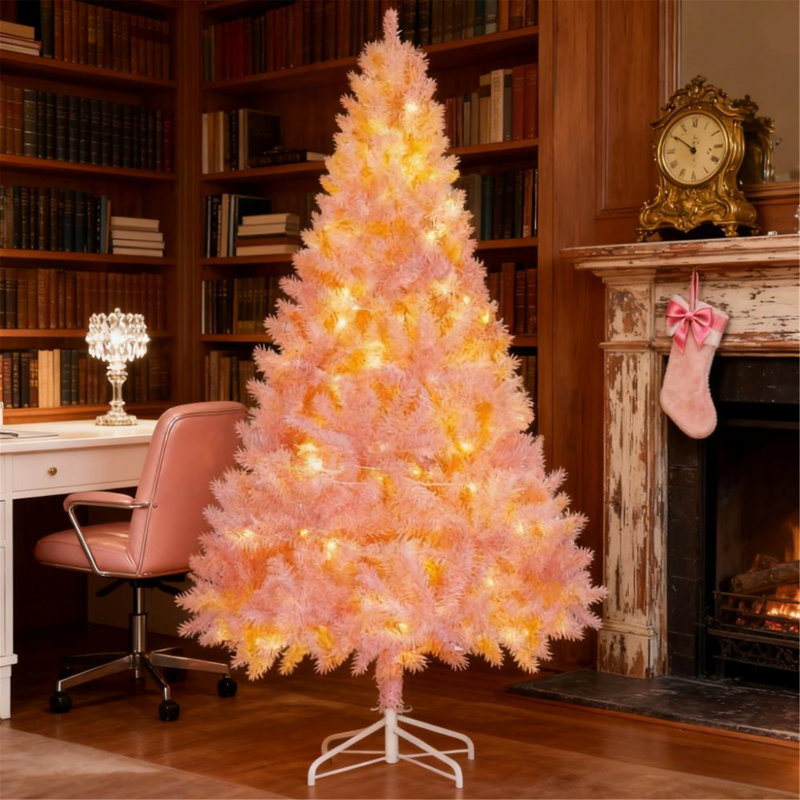Arbre de Noël artificiel avec branches réalistes, lumières à DEL blanc chaud et pointes, Rose