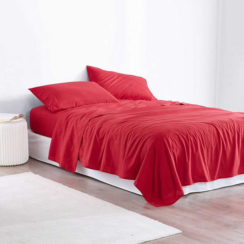  Ensemble de draps profonds en microfibre soyeuse, Double TG, Rouge cerise