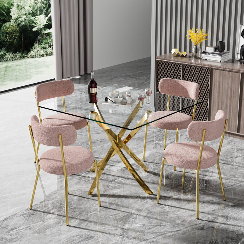 36" Square Glass Dining Table Set, 5, Pink